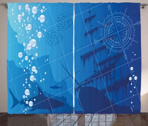 ABAKUHAUS Unterwasser- Rustikaler Vorhang, Haie Schiffskompass, Wohnzimmer Universalband Gardinen mit Schlaufen und Haken, 280 x 175 cm, Blau Weiss