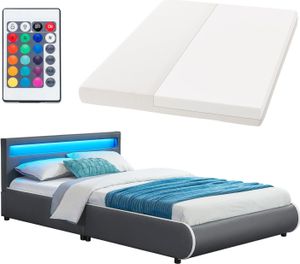 Juskys Polsterbett Sevilla 140 x 200 cm mit Matratze, Lattenrost, LED Beleuchtung & Kopfteil - Kunstleder & Holz - Bett Bettgestell Jugendbett grau