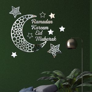 Eid Mubarak Ramadan Kareem Wandaufkleber,islamische muslimische Mond-Stern-Tapete,selbstklebende Aufkleber für Wohnzimmer(Silber)