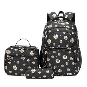 Školský batoh Dievčatá Teenage Dámska školská taška Batoh Set Daisy Školská taška s obedovou taškou a peračníkom, čierna, Daisy
