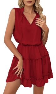 ASKSA Damen Ärmellos Kleid Tunikakleid Elegant Rüschen Sommer V-Ausschnitt Einfarbig Kleider, Rot, L