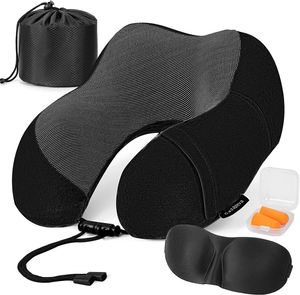 Nackenkissen Set mit 3D Schlafmaske und Ohrstöpsel Memoryschaum Reisekissen (Schwarz)