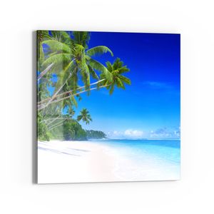 DEQORI Glasbild Echtglas 30x30 cm 'Palmen am Sandstrand' Wandbild Bild modern Deko