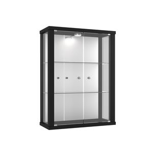 VR-Wohnideen Glasvitrine in Schwarz (80x60x25 cm) mit 2 höhenverstellbaren Glasböden aus ESG, LED und Spiegel; beleuchtet; perfekt für Sammler;
