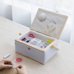 Navaris Nähkasten Nähkästchen Nähkoffer für Handarbeit - Korb mit praktischem Tragegriff - Handarbeitskorb inkl. Nähzubehör - Punkte Design