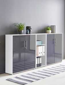 Schrankwand Office Edition abschliessbarer Aktenschrank Büroschrank Büromöbel Regal in Weiß/Anthrazit Hochglanz (Set 8)