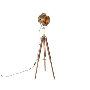 QAZQA - Industrie I Vintage I Dreibein-Stehlampe Bronze mit Holz-Studiospot - Glänzend I Wohnzimmer I Schlafzimmer - Länglich - LED geeignet E27