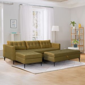 Selsey Ecksofa KOPENHAGA - Sofa mit Schlaffunktion, Hocker, schwarzen Metallbeinen und Stoffbezug in Senfgelb, 220 cm breit