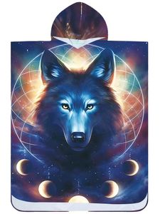 Badeponcho Bademantel mit Wolf Muster Damen Herren 145x80 cm Badetuch mit Kapuze Surf Poncho Mikrofaser Kuschelig Schnelltrocken