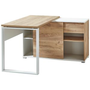 bümö Schreibtisch 120x60 cm mit integriertem Sideboard in Weiß-Eiche, Eckschreibtisch mit Schubladen & Regal - Winkelschreibtisch L-Form, PC Tisch,