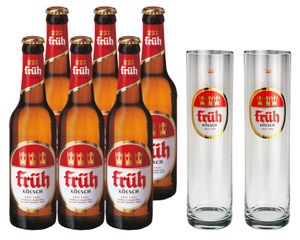 Früh Kölsch Set - 6x Früh Kölsch Bier 0,33L (4,8% Vol) + 2x Biergläser / Stangen 0,2L -[Enthält Sulfite] - Inkl. Pfand MEHRWEG