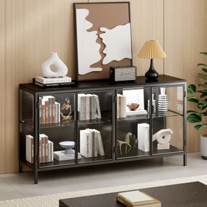 Vitrine mit Lichtleisten, Glas-Sideboard mit vier Türen, BuffetSchrank aus schwarzem Glas, Aufbewahrungsschrank, schwarz, MDF + Glas, 40 x 140 x 75 cm