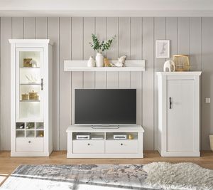 Wohnwand in Pinie weiß mit LED-Beleuchtung, 4-teilig, Landhaus-Stil - RAPLA-61