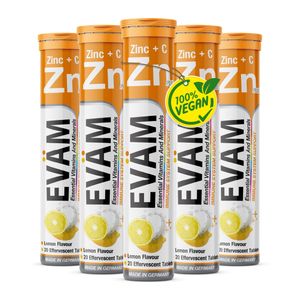 EVÄM Zink plus Vitamin C Brausetabletten Geschmack Zitrone 5x 20 Stück Nahrungsergänzungsmittel zur Unterstützung des Immunsystems zuckerfrei Hergestellt in DE