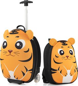 COSTWAY 2 TLG Kinderkoffer mit Rucksack, 12”+16” Kindertrolley Reisegepäck mit Rollen & 3 stufigem Teleskopgriff, Handgepäck Hartschalenkoffer für Mädchen & Jungen (Tiger)