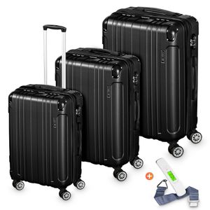 Sada kufrů s pevnou skořepinou, 3 kusy s kombinovaným zámkem TSA, 4 kolečka, ABS, pevná skořepina, cestovní kufr na kolečkách, kufr na kolečkách - černý
