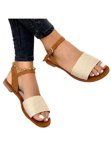 Damen Flache Sandale Komfort Kleid Sandalen Ankle Strap Sommer Casual Schuhe Beige,Größe:EU 36