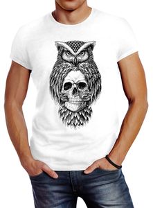 Herren T-Shirt Eule Totenkopf Owl Skull Schädel Slim Fit Neverless® weiß L