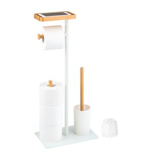 eluno Stand-WC-Garnitur 4in1, WC-Bürste, (Ersatz-)Rollenhalter, Ablage, Bambus/Metall weiß