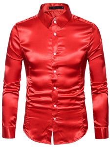 Herren Hemden Langarm Bluse Button Down Tops Slim Fit Satin Seidenhemden Freizeit Hemd Rot,Größe L