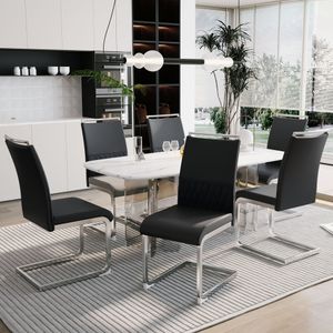 MODFU Moderner Esszimmerstuhl, 6er-Set, Küchenstuhl, Bürostuhl mit flacher Streifen-Rückenlehne, gepolsterter Stuhl, multifunktional, hochwertiges Kunstleder, Leinen, Schwarz
