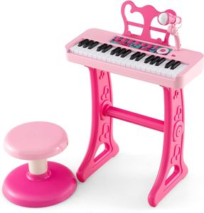KOMFOTTEU 37 Tasten Keyboard Set für Kinder, Kinderklavier mit Sound Lichteffekte & Mikrofon, Elektronisches Klavier Spielzeug inkl. Hocker, Kinderkeyboard 22 Beat/ 4 Töne/ 4 Rhythmen (Rosa)