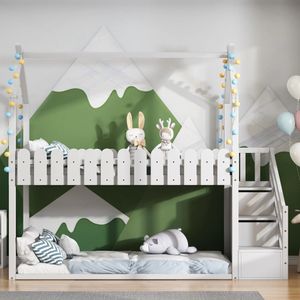 Patrová postel Merax 90x200 cm se schody a ochranou proti vypadnutí, dětská postel s roštem a zásuvkami, borovicová postel v podkroví