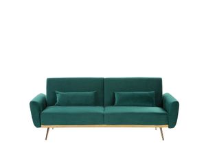 Sofa Grün Samtstoff 3-Sitzer Schlaffunktion Retro Design Zierkissen Wohnzimmer