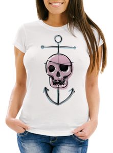 Damen T-Shirt Pirate Skull mit lustigem Totenkopf Piraten Motiv Slim Fit Moonworks® weiß L