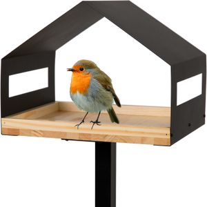WONDERMAKE Design Vogelhaus mit Ständer aus Metall und Holz wetterfest, modernes Vogelfutterhaus groß Metalldach stehend, Vogelhäuschen Futterhaus für Vögel zum Stellen XL
