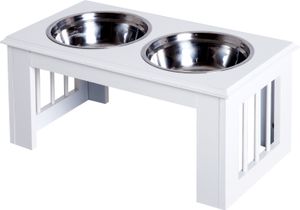 PawHut miska pro psy se 2 miskami, 2litrová miska na krmivo, zvýšená miska na krmivo pro kočky, snadná údržba, nerezová ocel, bílá, 58,4 x 30,5 x 25,4 cm