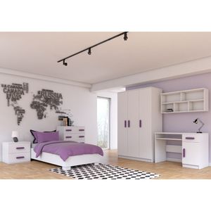 Kinderzimmer-Set Bett Schrank Wandregal Kommode Schreibtisch Nachttisch Weiß/Weiß mit Erikafarbiegen Griffen und Matratze Jonas IV 01 M