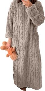 Herbst-Winter-Nachthemd, dickes Korallenvlies, lose Taschen, warm, einfarbig, Rundhalsausschnitt, verdrehte Textur, lange Ärmel, volle Länge, Thermo-Homewear, Damen-Nachthemd