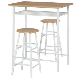 HOMCOM Barový set 3-dílný jídelní stůl se 2 barovými židlemi Jídelní set kuchyňský stůl a židle Barový stůl a barové židle s odkládací policí MDF deska ocel bílá + dub 80 x 50 x 90 cm