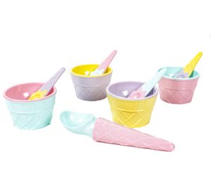 9-teiliges Eiscreme-Set mit 4 Eisbechern, 4 Eislöffeln und Eisportionierer im Eisdielen-Retro-Design, Löffel+Portionierer in Eistütenform, Kunststoff, Pastellfarben