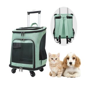 TWSOUL Tiertransportbox 3-in-1-Trolley für Haustiere,Rucksack-Trolleytasche bis 10 kg, Design mit großer Kapazität, Stoßdämpfende Rolle,Grün