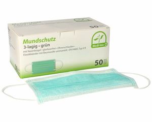 250x Mundschutz Typ IIR 3-lagig 9 cm x 17,5 cm Nasenbügel Elastikbändern grün