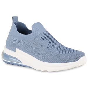 VAN HILL Damen Sneaker Slip Ons Keilabsatz Strick Profil-Sohle Schuhe 838239, Farbe: Blau, Größe: 40