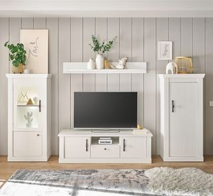 Wohnwand in Pinie weiß mit LED-Beleuchtung, 4-teilig, Landhaus-Stil - RAPLA-61