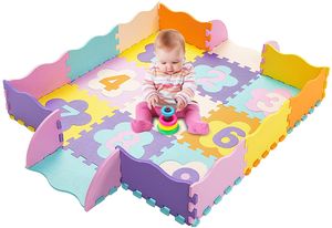 COSTWAY 75 TLG. Puzzlematte Kinder Spielmatte mit Zaun, Eva-Bodenmatte mit abnehmbaren Zahlen, wasserdichte Krabbelmatte Übungsmatte für Kinder Kleinkinder Babys