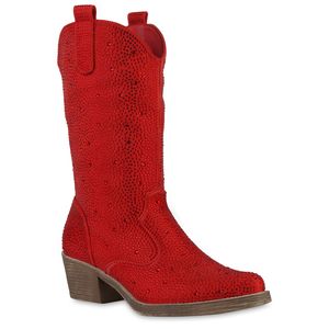 VAN HILL Damen Cowboystiefel Stiefel Spitze Strass Western Schuhe 840905, Farbe: Rot, Größe: 40