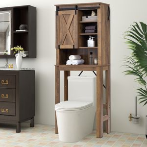 COSTWAY Toaletní skříňka s posuvnými dveřmi a 3 nastavitelnými policemi, dřevěná polička na WC, volně stojící koupelnová polička, horní skříňka hnědá Polička na pračku