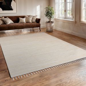 MY-RUG Fleckerlteppich,Avani, 200x140, Kelim-Teppich beige sandfarben beige, aus Baumwolle, handgewebt, wendbar, mit Fransen, rechteckig