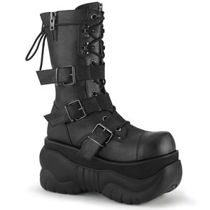 BOXER-230 DemoniaCult Unisex dámské šněrovací boty na platformě s přezkou Black Leather Look