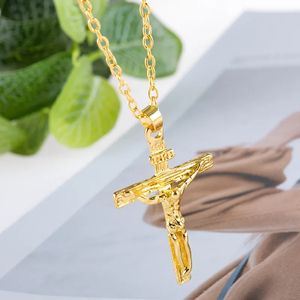 Halskette mit Anhänger Jesus Kreuz Gold 60cm Gliederkette Edelstahl Christentum