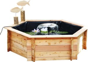 Hochteich promadino Miniteich 6eck-Hochteich mit Solarpumpe,natur, Lärche mit Teichfolie 145 x 128 x 41 cm
