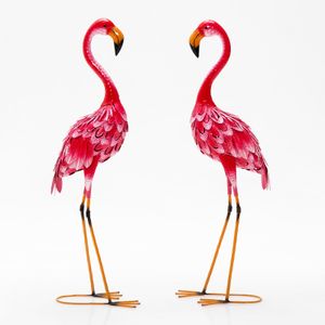 COSTWAY 2er Set Gartenstatuen,  Flamingo-Dekoration mit Metallrahmen, für Hinterhof, Terrasse und Rasen, einfache Installation (Flamingo)