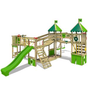 Fatmoose Spielturm Klettergerüst FunnyFortress mit Doppelschaukel, Brücke & Rutsche – apfelgrün