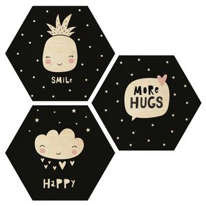 Hexagon Bild Holz 3-teilig - Happy Smile Hugs, Größe HxB:3x 30x35cm