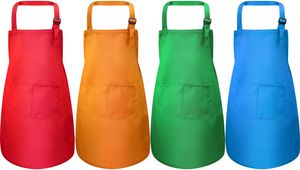 4 Stücke Kinderschürze mit Tasche Kinder Verstellbare Kochschürze zum Kochen Backen Malerei (Grün, Orange, Rot, Blau M für 7-13 Jahre)
